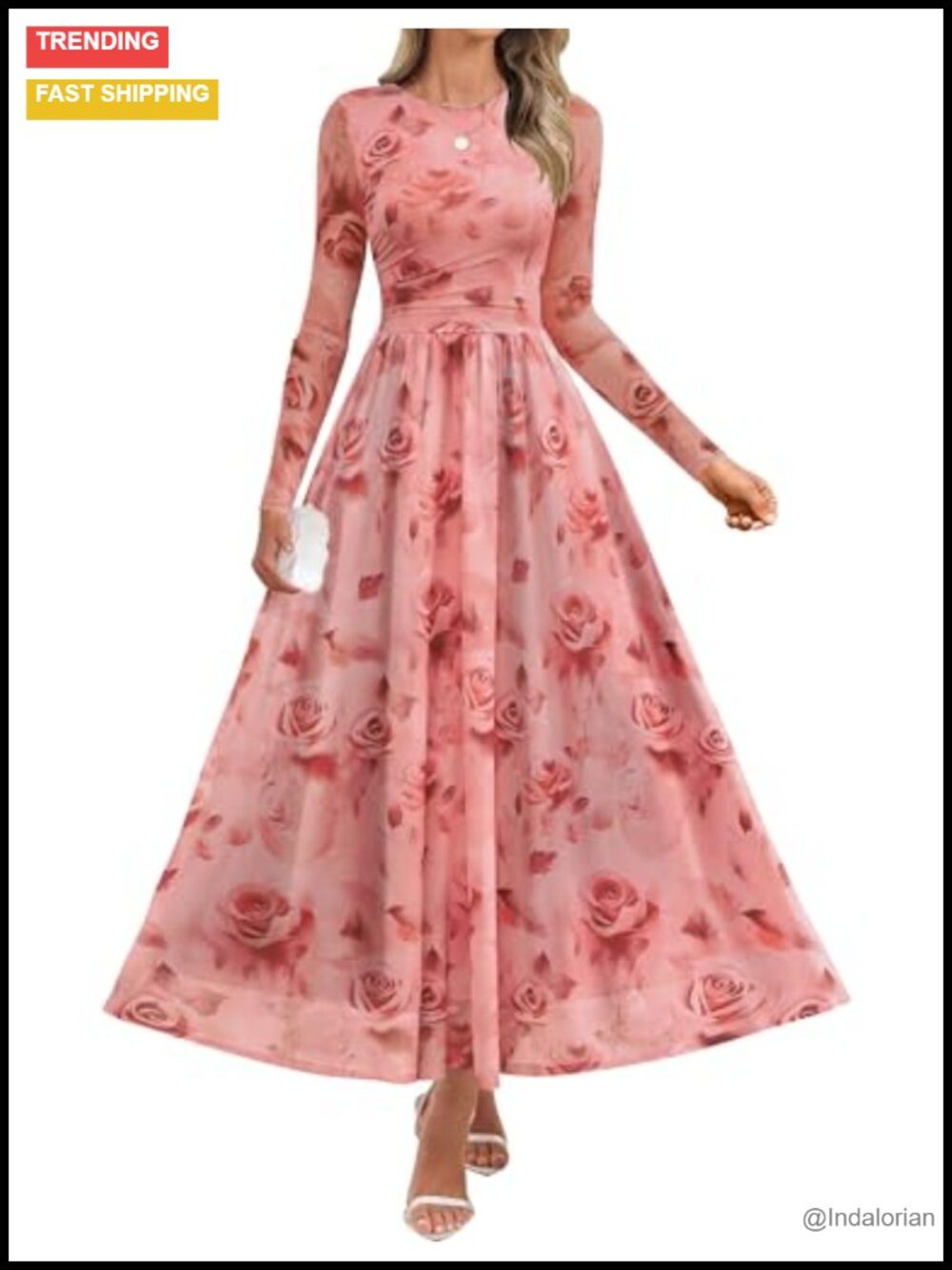 Long Sleeve Mesh Maxi Dress Ruched Waist A-Line Wedding Guest
